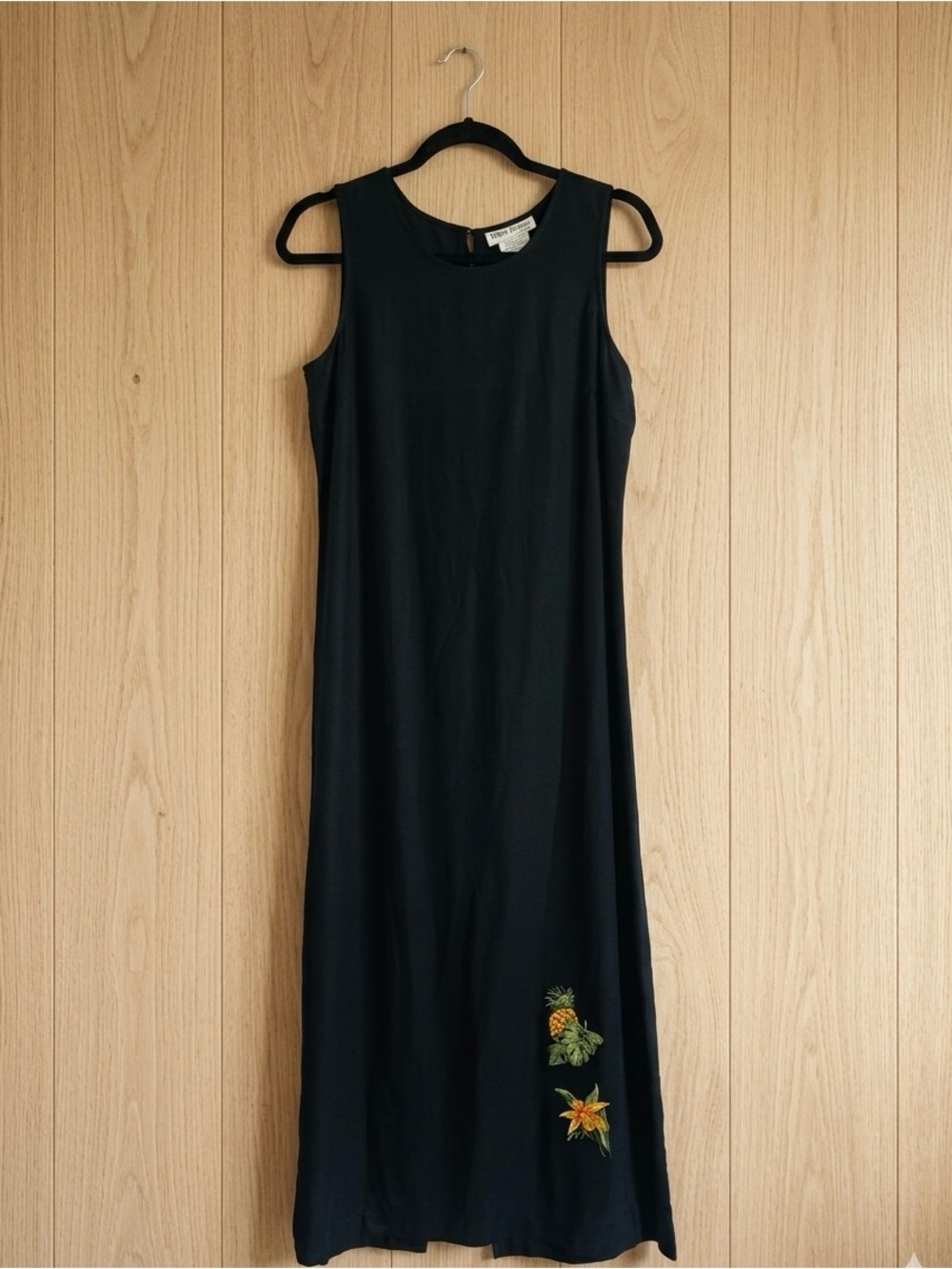 Vintage Black Maxi Tank Dress Sz 8 Linen Rayon Embroidered Pineapple Floral